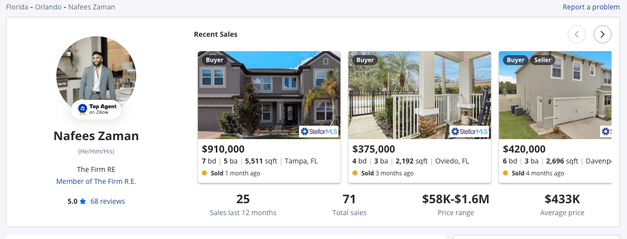 Nafees Zaman Zillow Profile — Top Agent, 5.0 stars, 68 reviews, 71 total sales